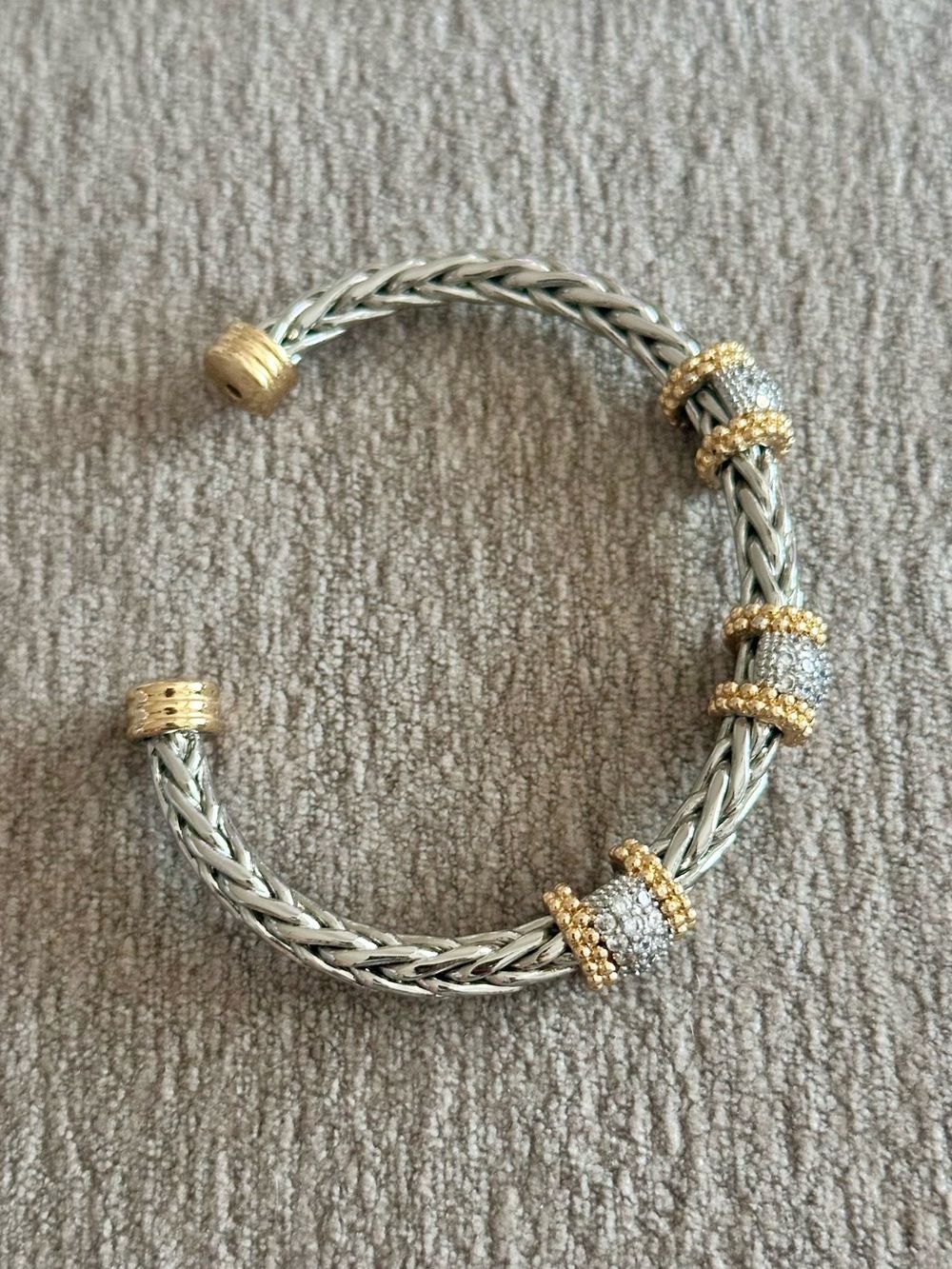 Two-Tone Braided/Woven Wheat Cuff with 3 Barrel Pavé Stations - Picture 4 of 5